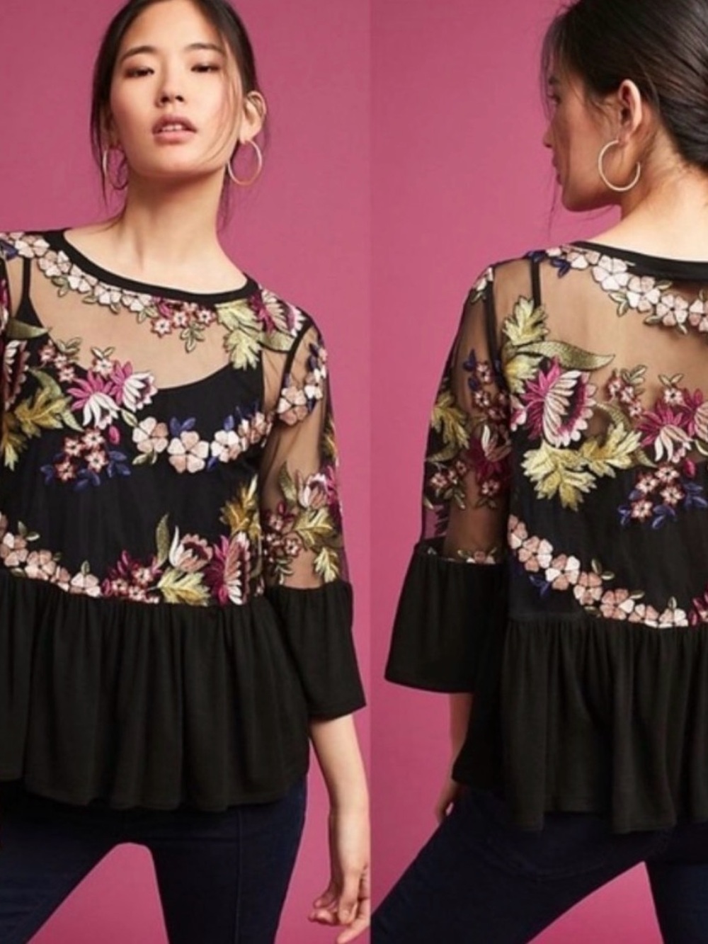 Ari + Ali Black Floral Embroidered Mesh Peplum Top